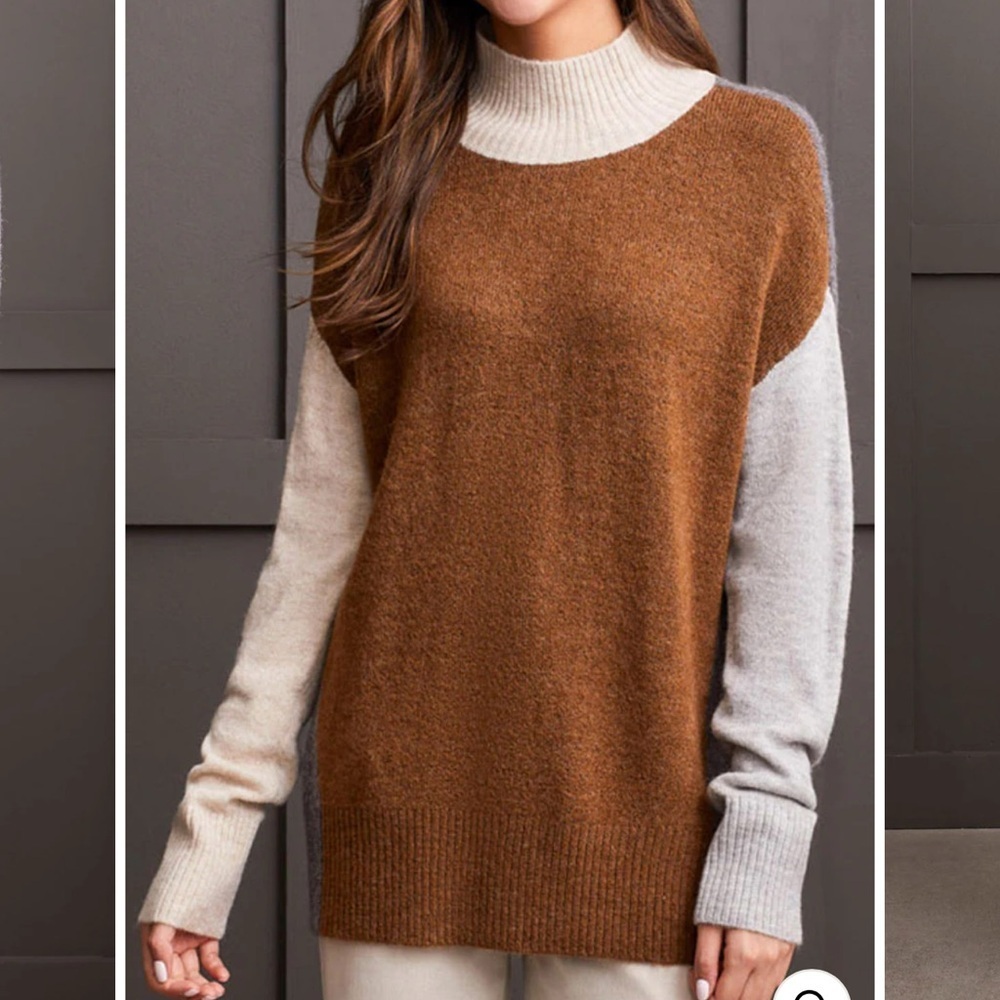 NWT Tribal Mock Neck Colorblock Sweater- Heathered Walnut size M soft washable - Picture 2 of 10